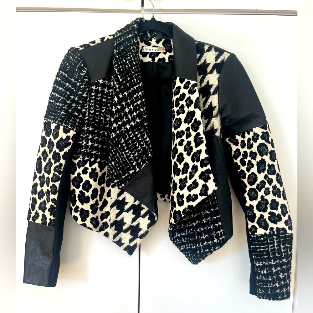 Alice and Olivia multi pattern black/white/leather blazer